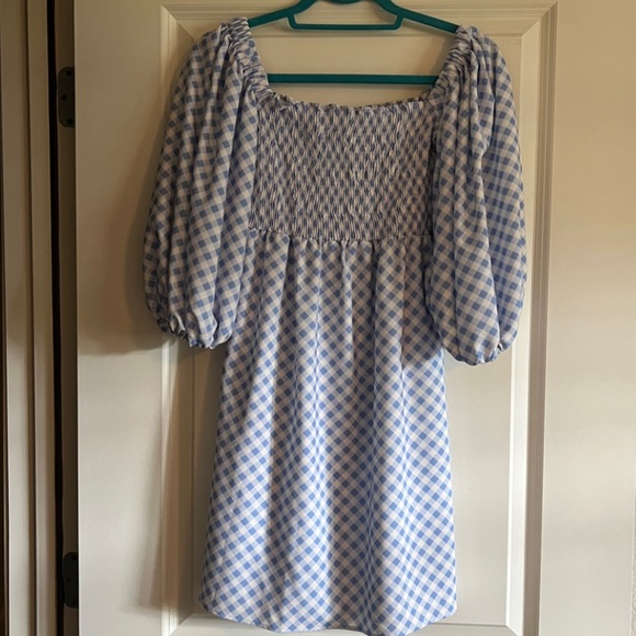 Sokie Collective puff sleeve smocked mini dress. Light blue checkered pattern. - Picture 3 of 3